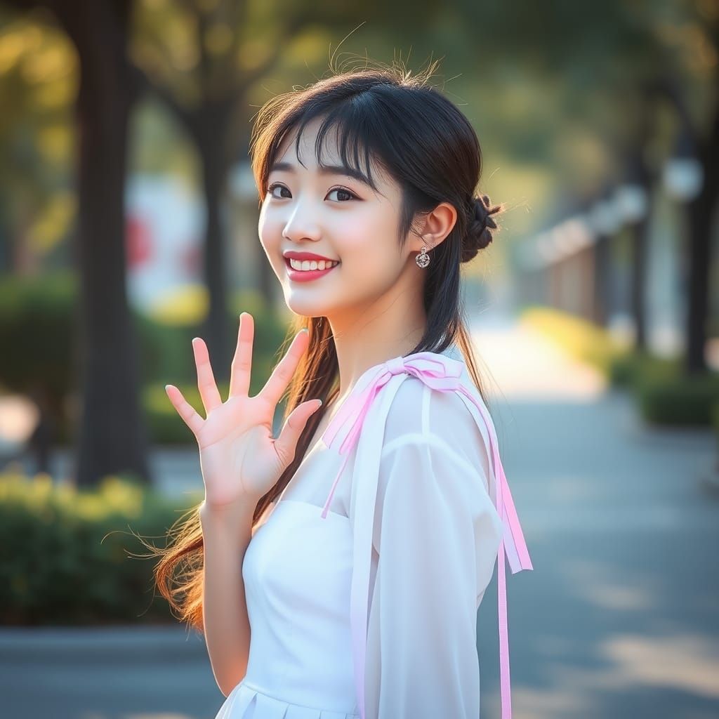 Korean Girl in White Ribbon Dress, Fashion Photography