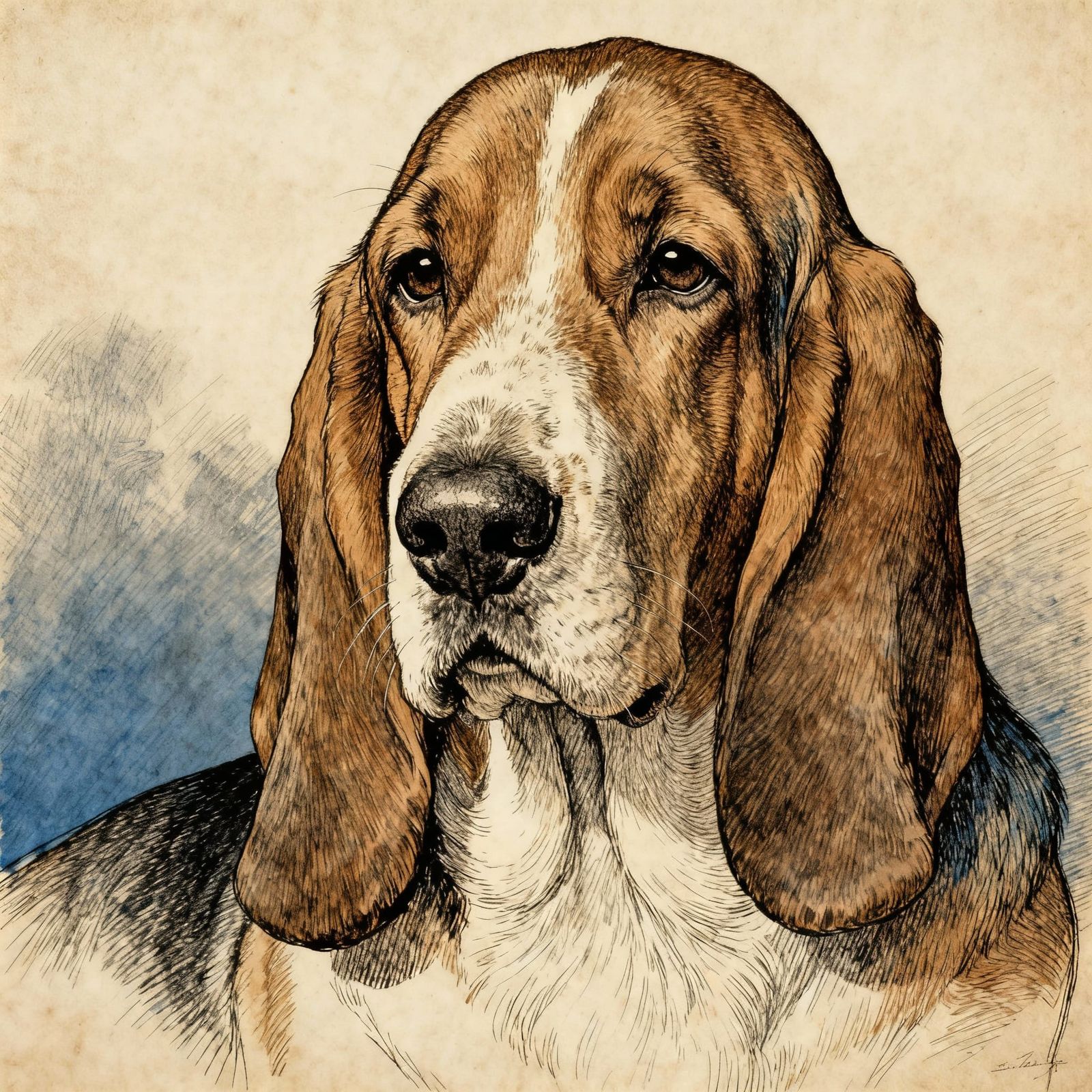 Formal Portrait of a Bassett Hound in Ink Crosshatching Styl...