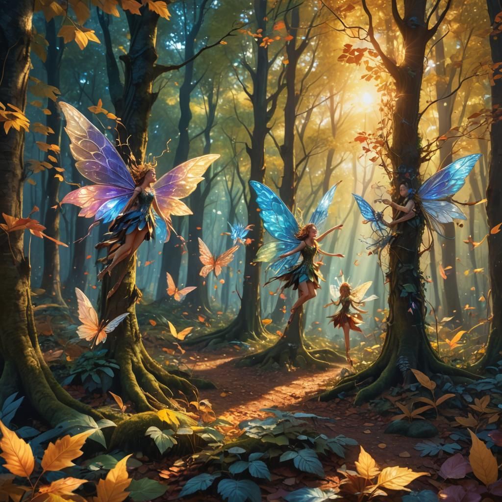 Fairies Dance in Windswept Forest: Fantasy Art