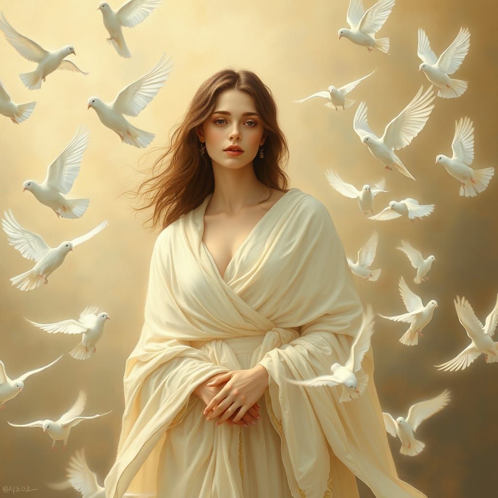 Ethereal Beauty Surrounded by Gentle Doves in Soft Painterly...