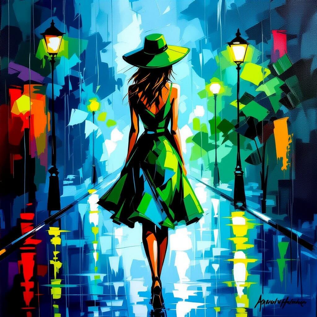 Woman in Green Dress in Rain Splash Art Painting