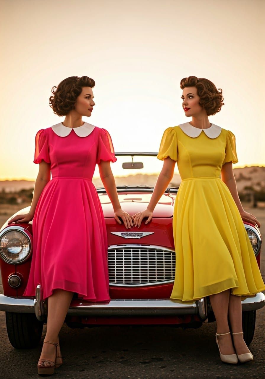 1950s Glamour: Women in Ballgowns with Red Car