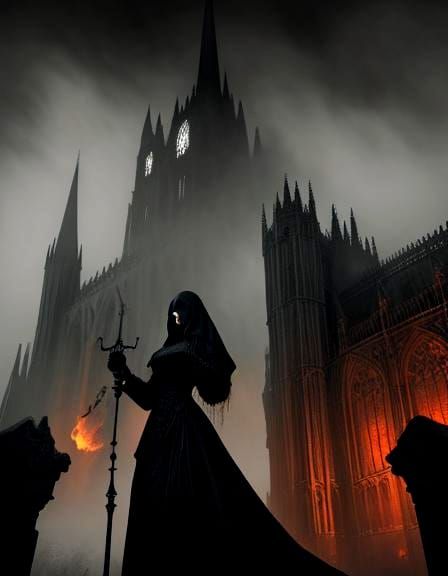 Gothic Rooftop Scene with Girl in Fog