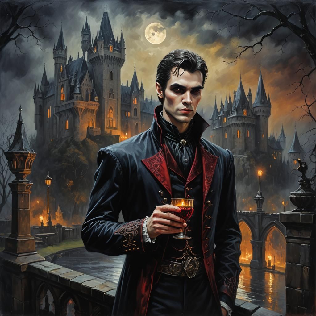 Dark Fantasy Vampire Count at Mysterious Castle in Moonlit N...