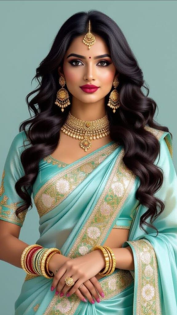 Indian Woman in Blue Saree with Golden Embroidery