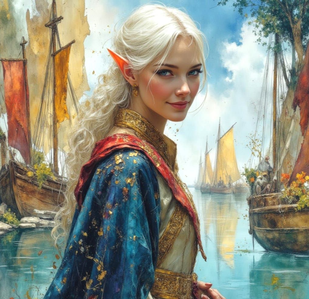Graceful Elf in Middle Earth Harbour, Watercolour Style