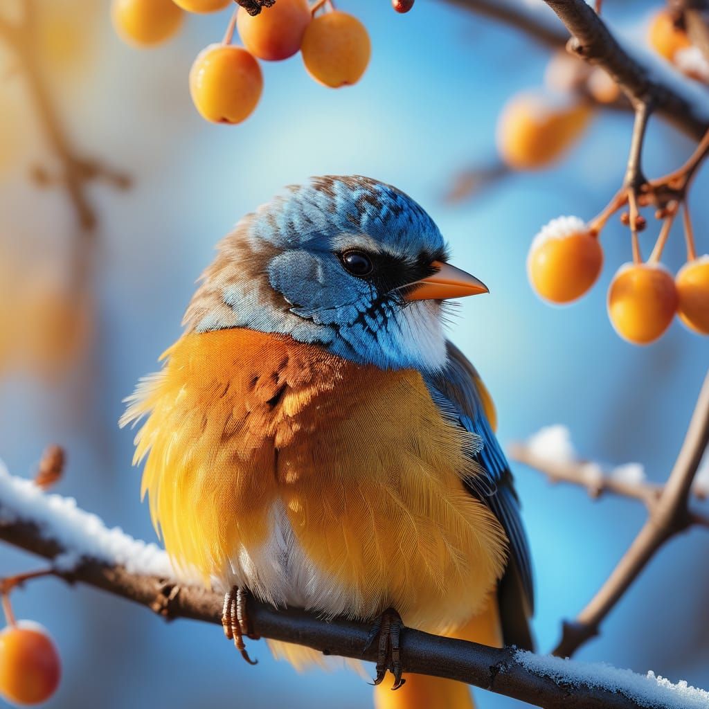 Vibrant Bird on Plum Branch in Winter Light