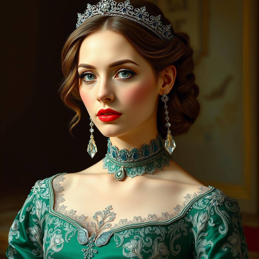 Elegant Victorian-Era Woman in Emerald Green Silk Gown