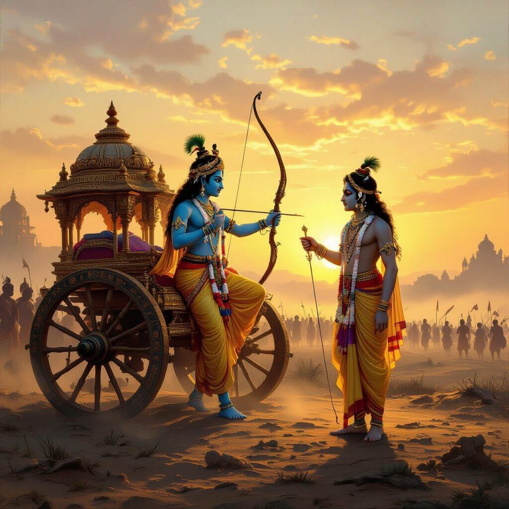 Krishna Guiding Arjuna on Kurukshetra Battlefield