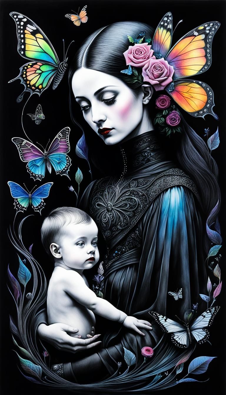 Gothic Mother and Child in Surreal Crayon Art