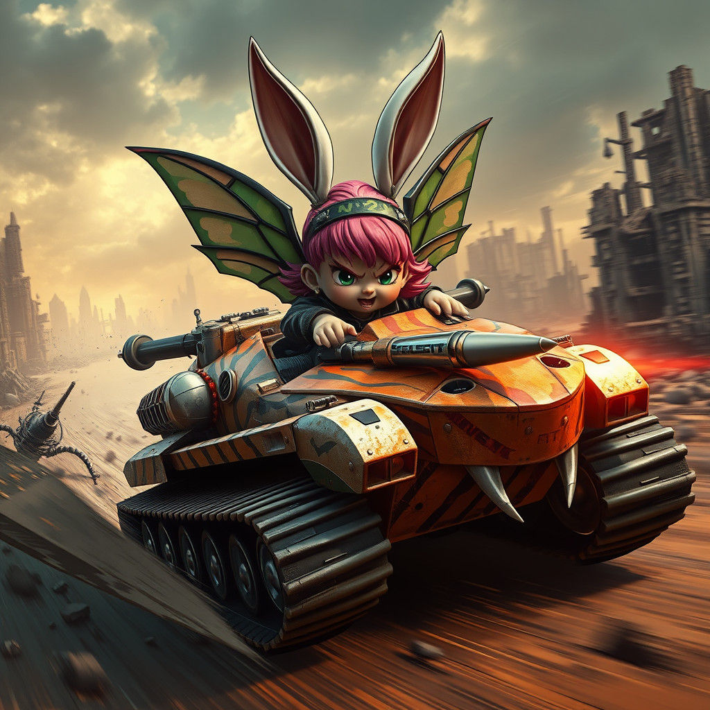 In a high-speed Mad Max style intensity, a chibi Bunny  Fairy with camouflage wings is racing in a unicorn  tiger stripe...