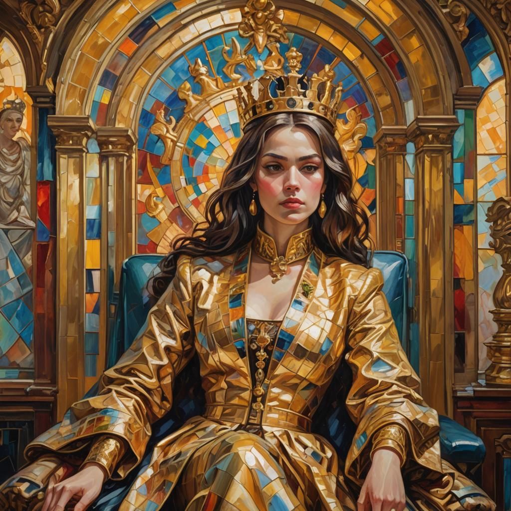 Chess Queen on Throne as Impasto Oil Painting