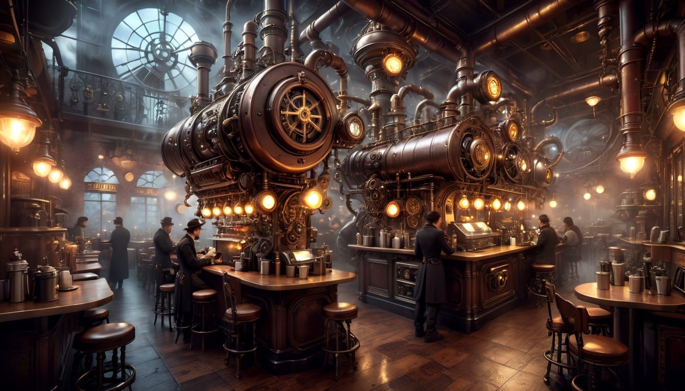 Steampunk Cafe Interior with Robotic Barista and Glowing Cup...