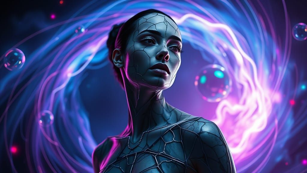 Marble Woman in Bioluminescent Energy Vortex