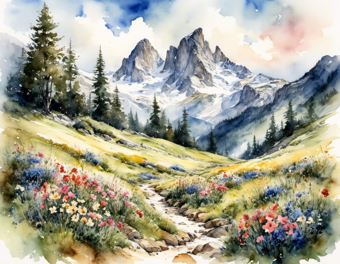 Alpine Meadow and Rugged Peaks in Watercolor Style