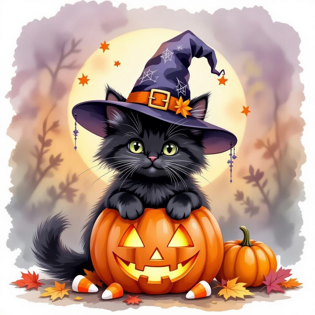 Fluffy Black Cat in Witch Hat on Pumpkin