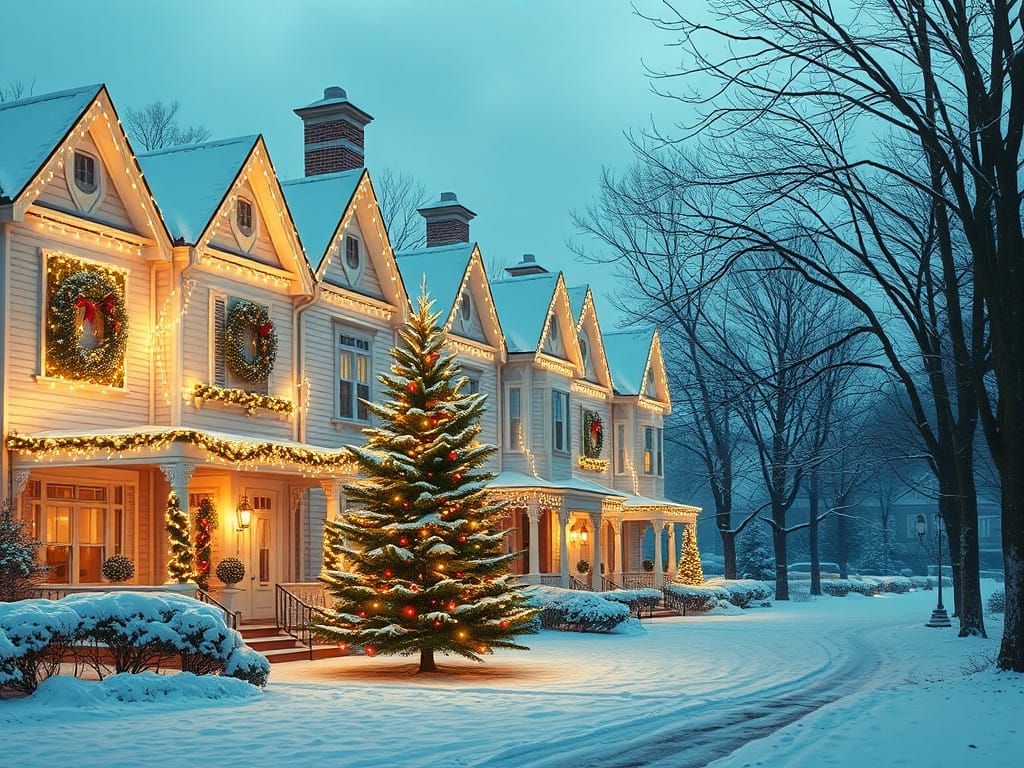 Snowy Colonial Christmas Scene in Vibrant Watercolor Style