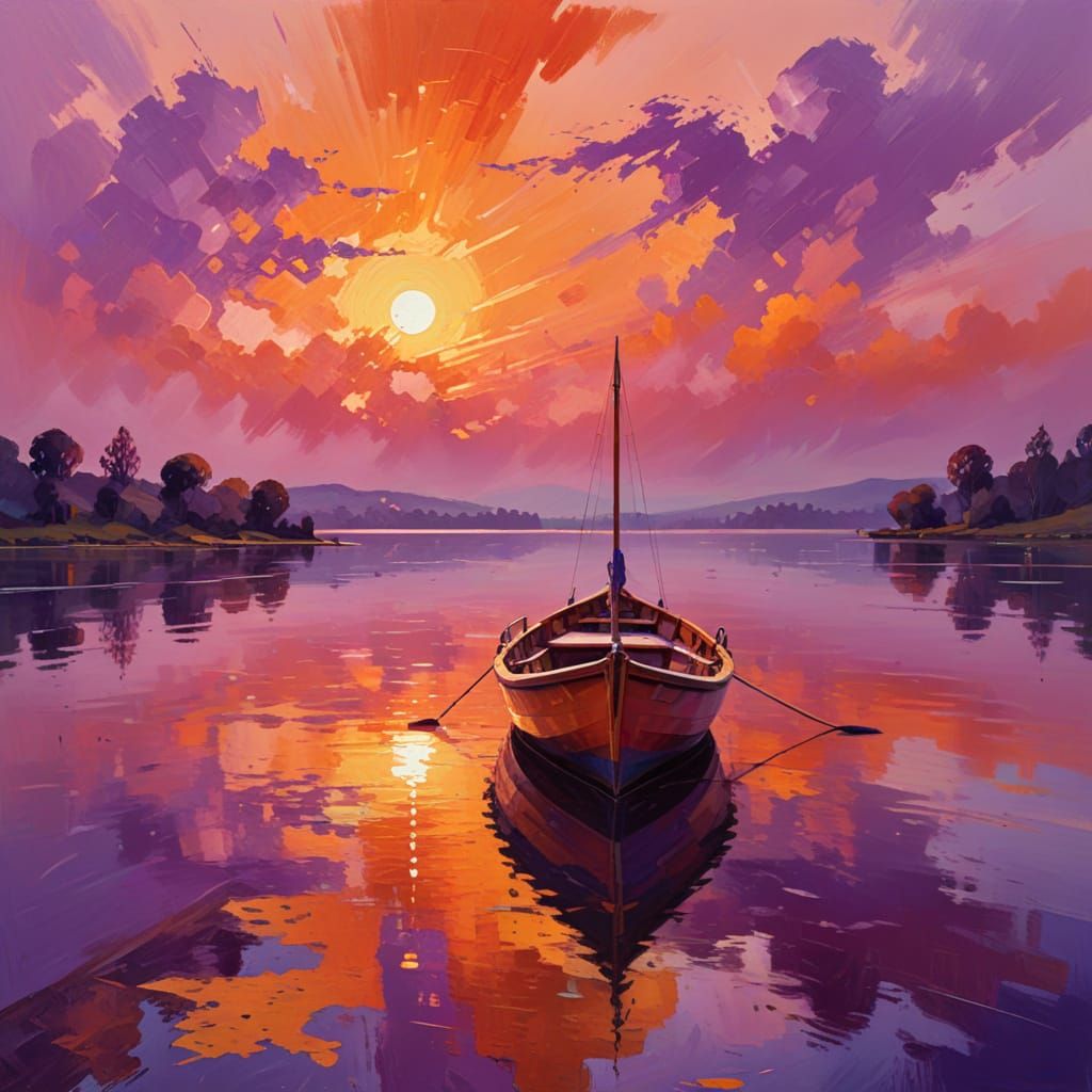 Vibrant Fauvist Oil Painting of a Boat at Sunset