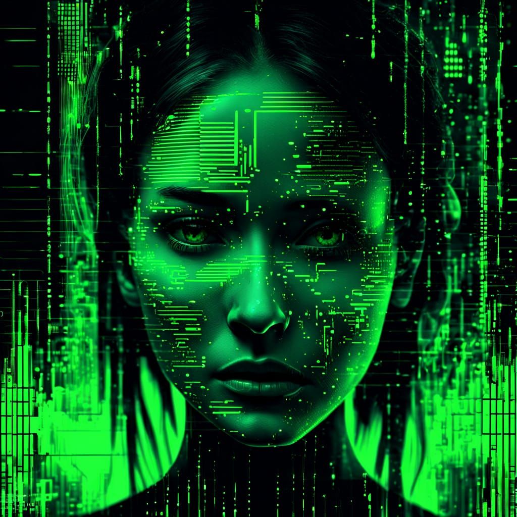 Woman's Face Dissolving in Pixels with Glitch Effect