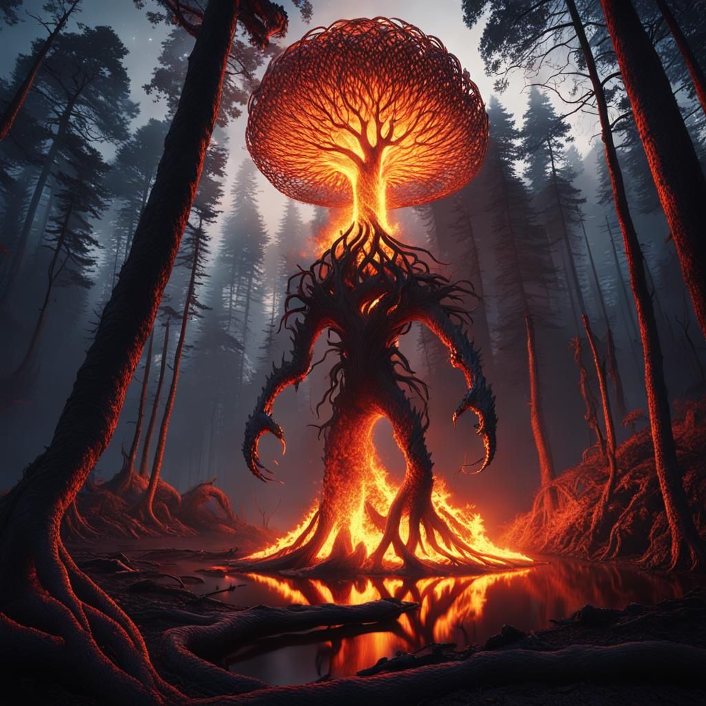 Surreal Fiery Creature in a Lava-Filled Lake Amidst a Densel...