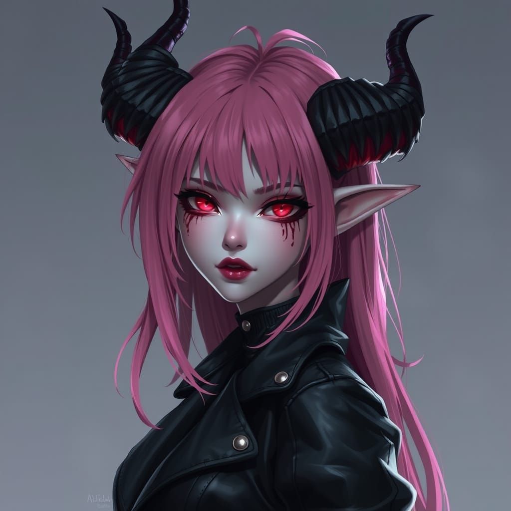 Gothic Demon Woman with Pink Hair
