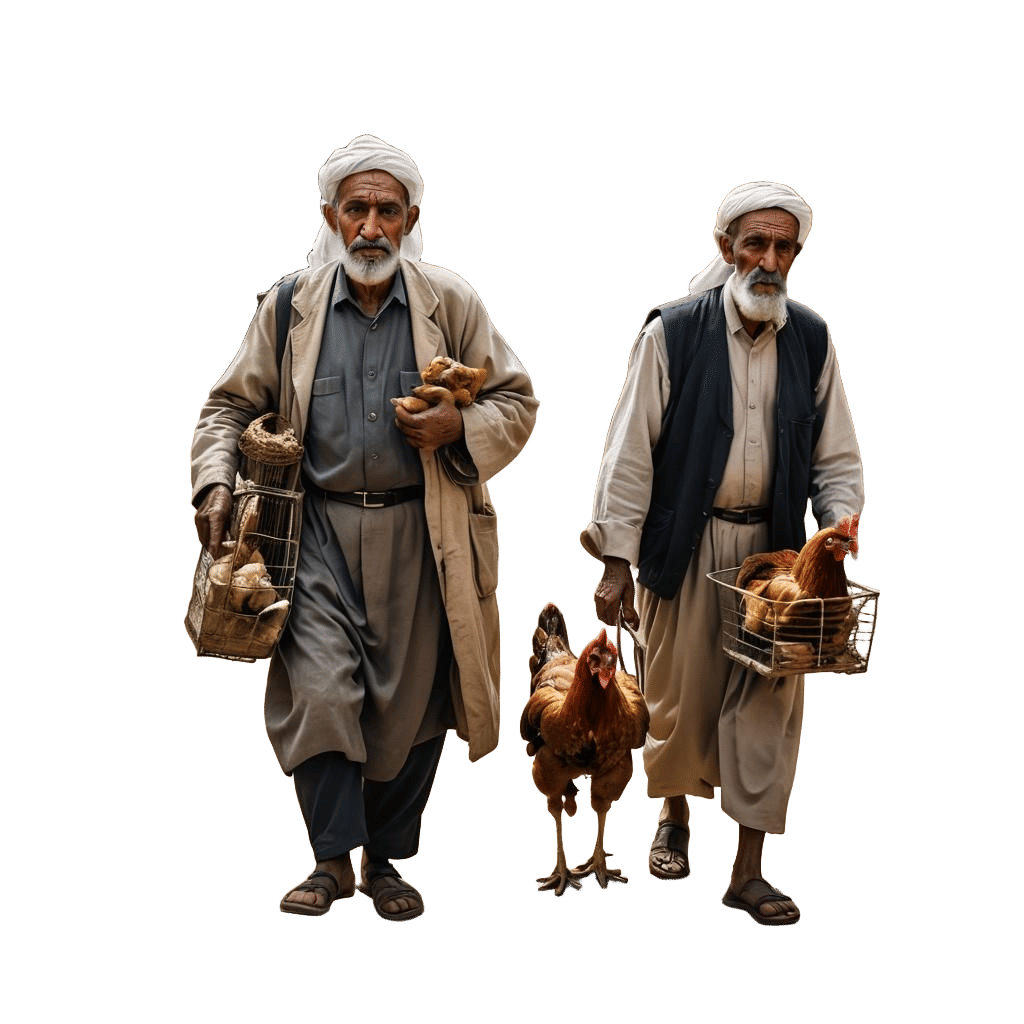 Two Arab Men with Chicken and Cage