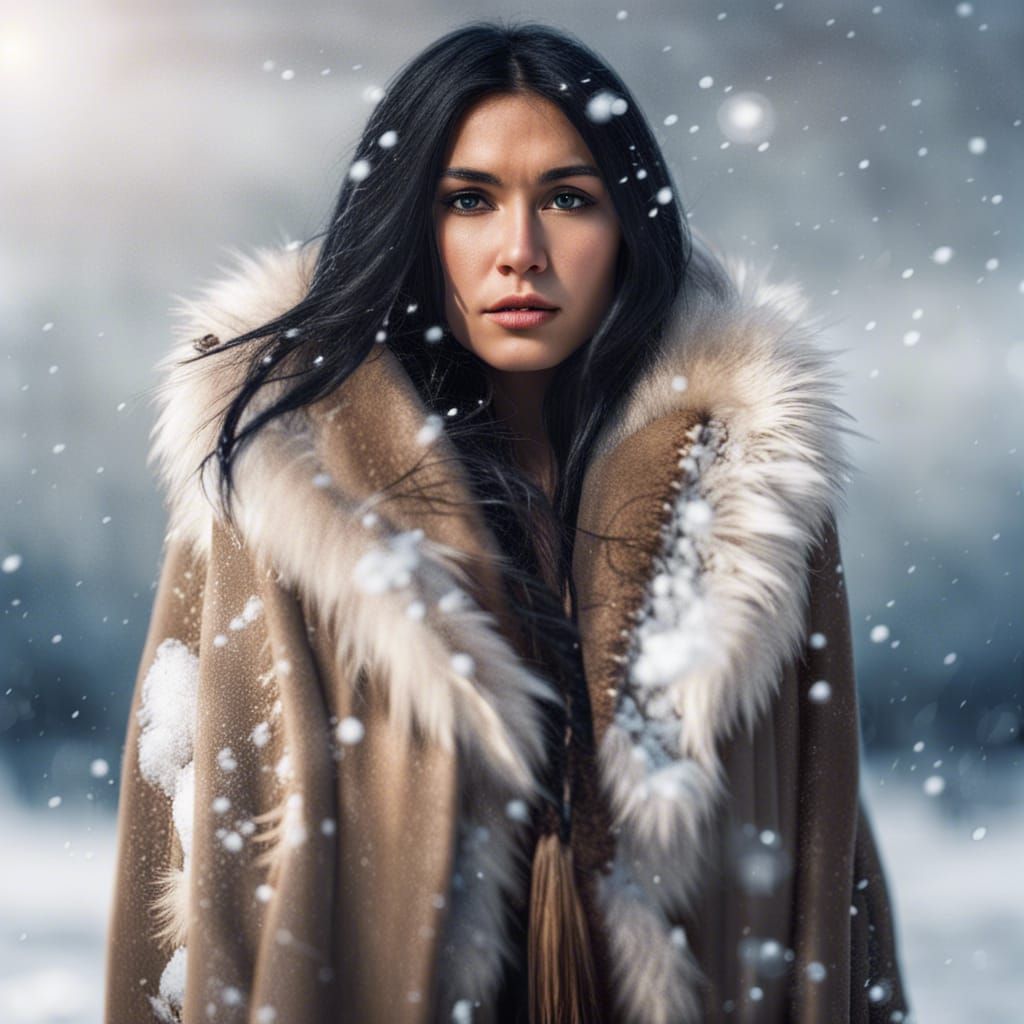 Indigenous Woman in Winter Landscape, Hyperrealistic Portrai...