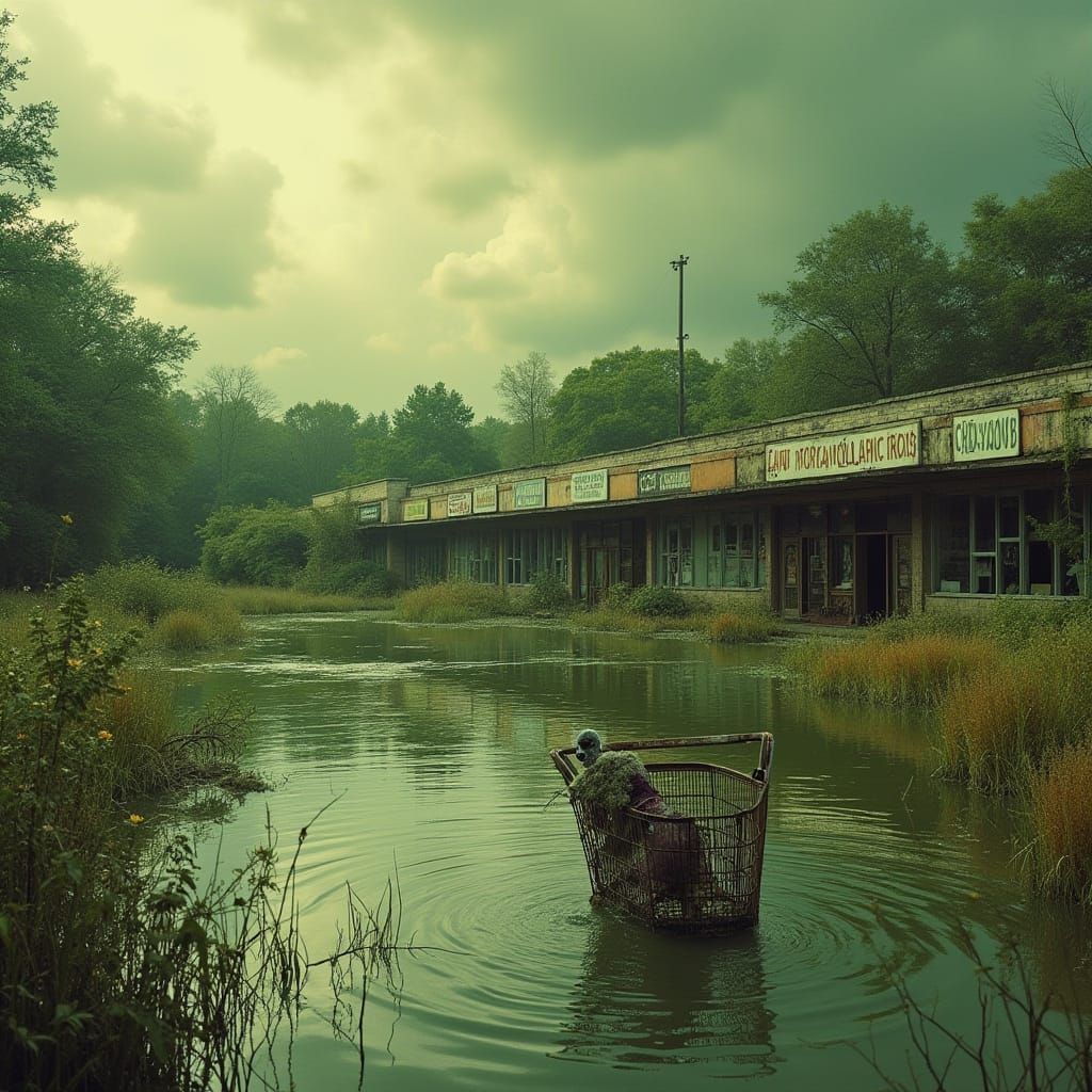 Abandoned Strip Mall in Post-Apocalyptic Swamp