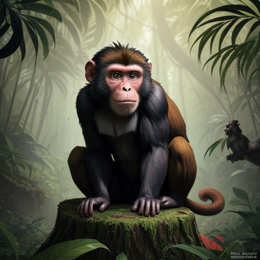 Mysterious Monkey in Vibrant, Exotic Jungle Scene, Hyperreal...