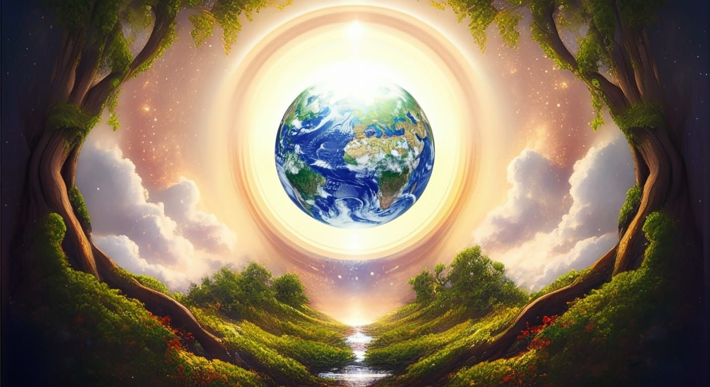 Sacred Cosmic Nature Scene in Dreamy Holographic Style