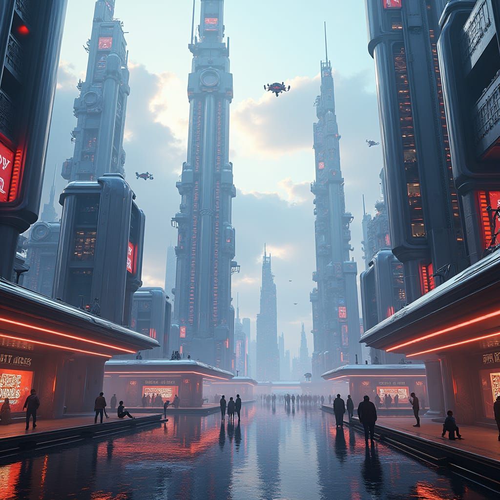 Futuristic Metropolis with Robots in Matte Painting Style