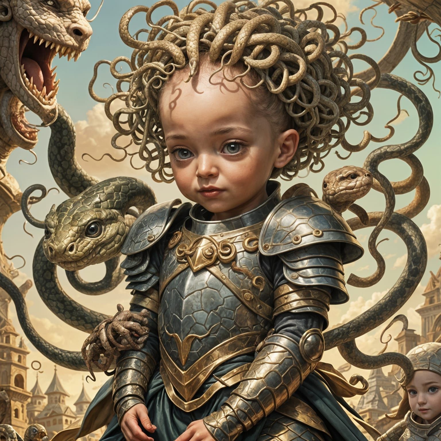 Whimsical Baby Medusa Playing with Baby Knight