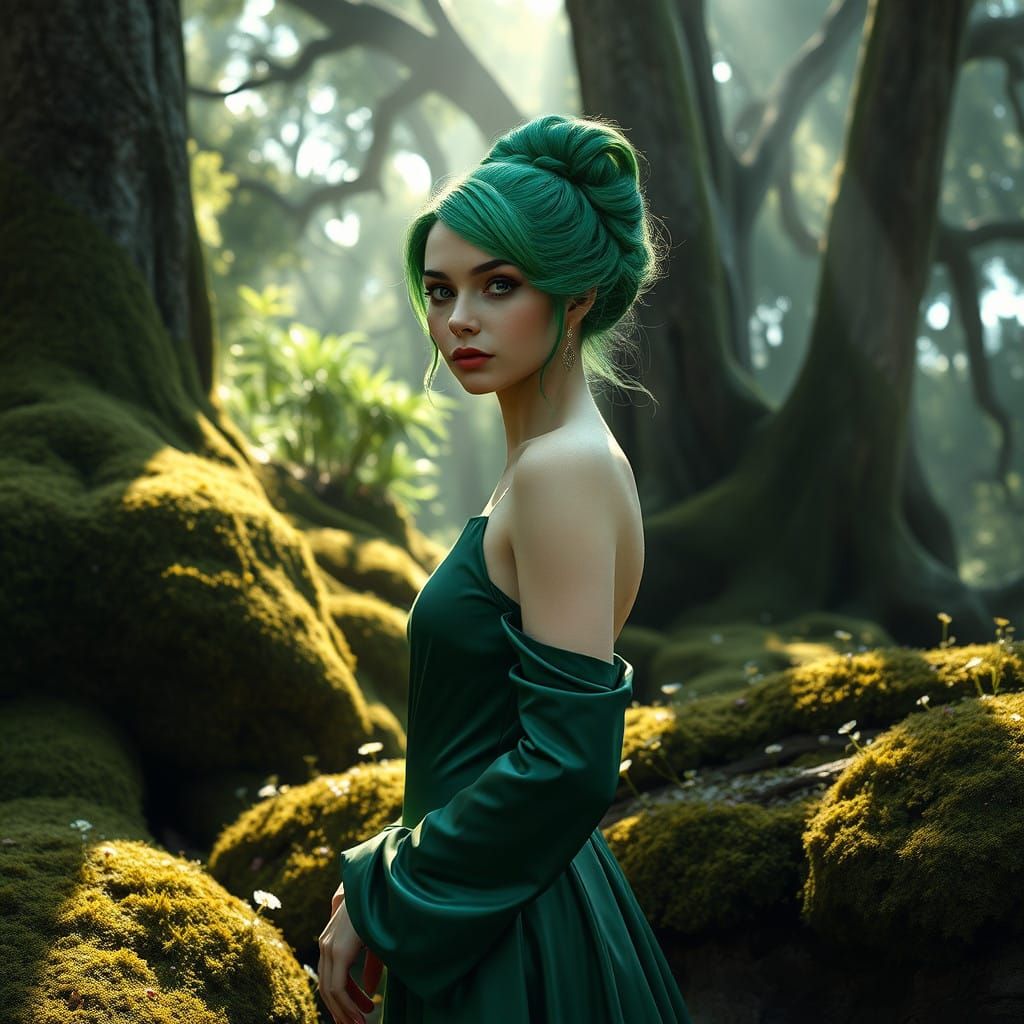 Ethereal Goddess in Emerald Latex Gown amidst Lush Greenery