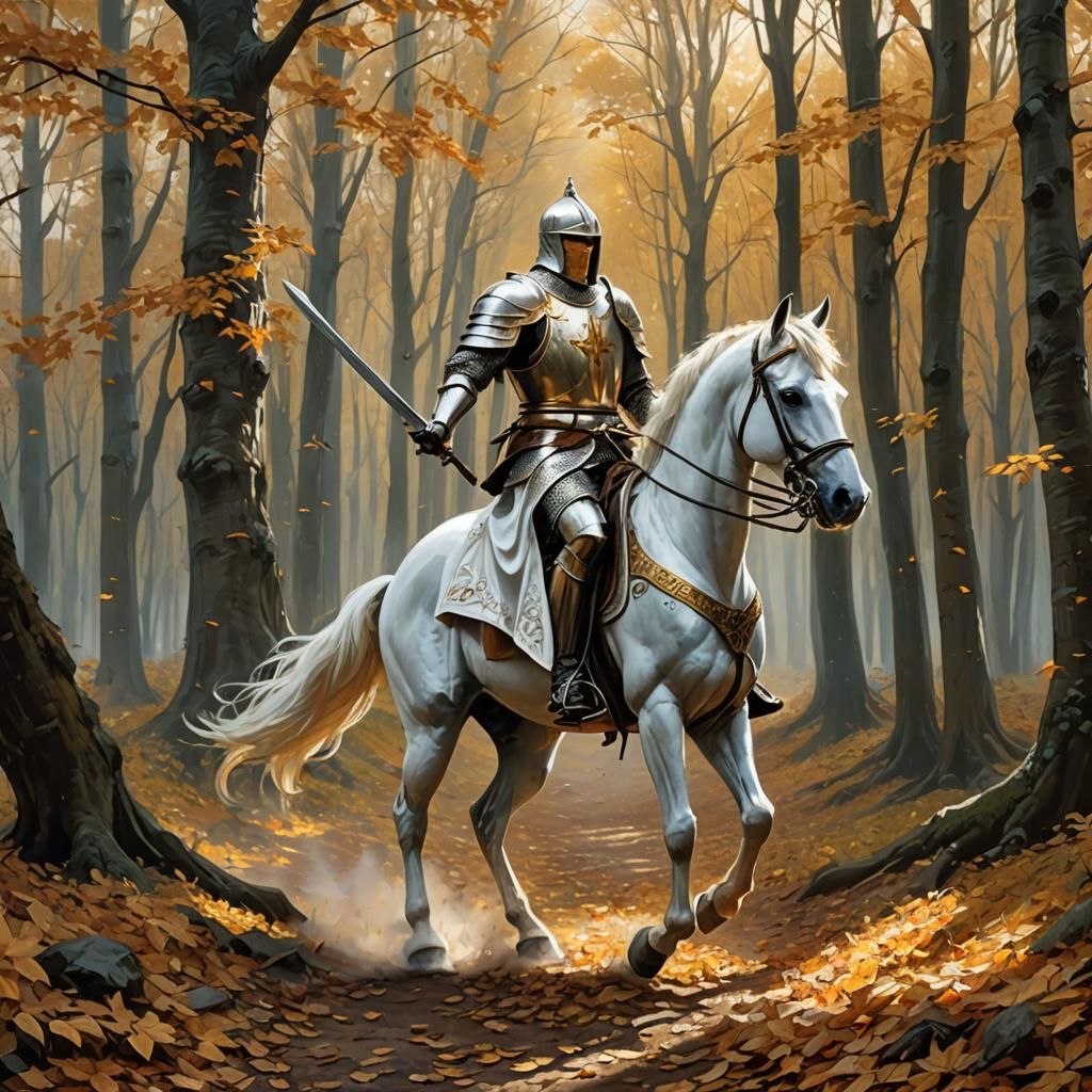 Templar Knight on White Horse in Autumn Forest