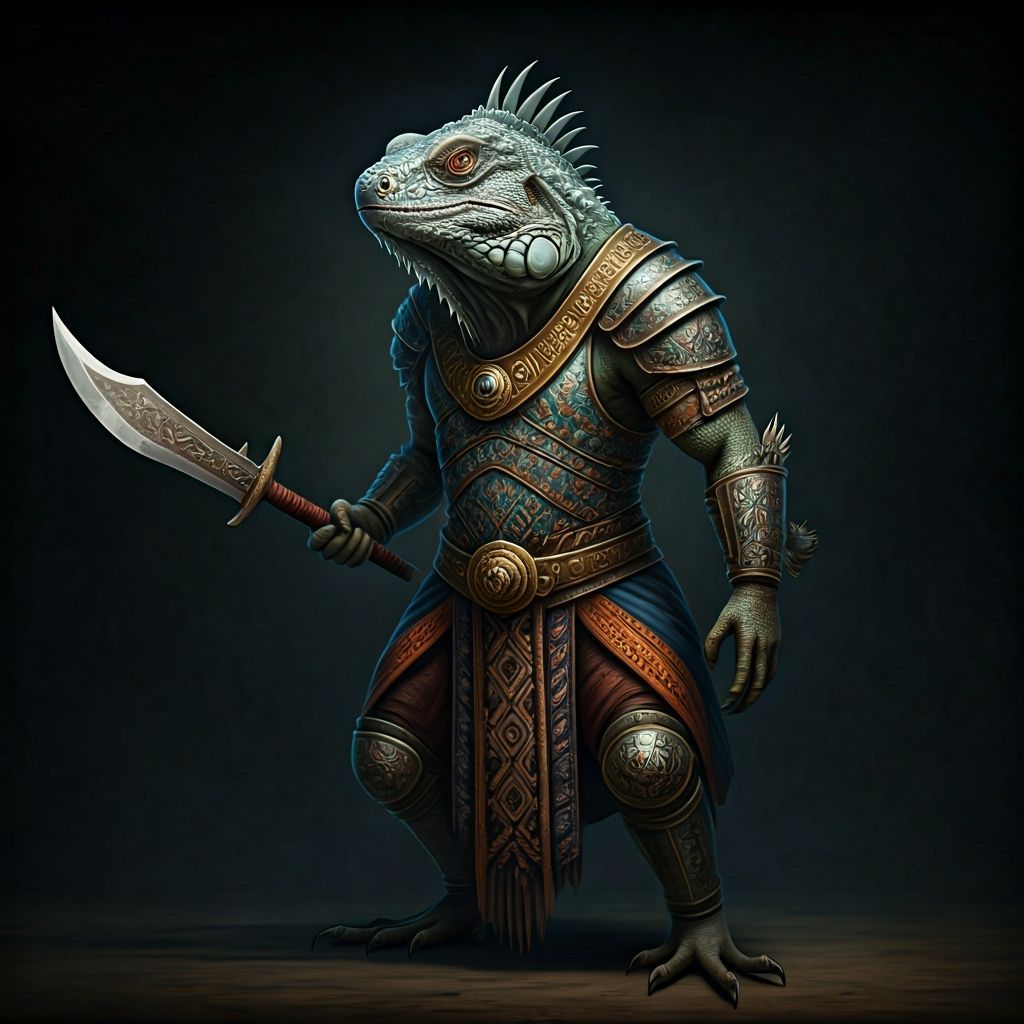 Anthropomorphic Iguana Warrior in Ivory Armor