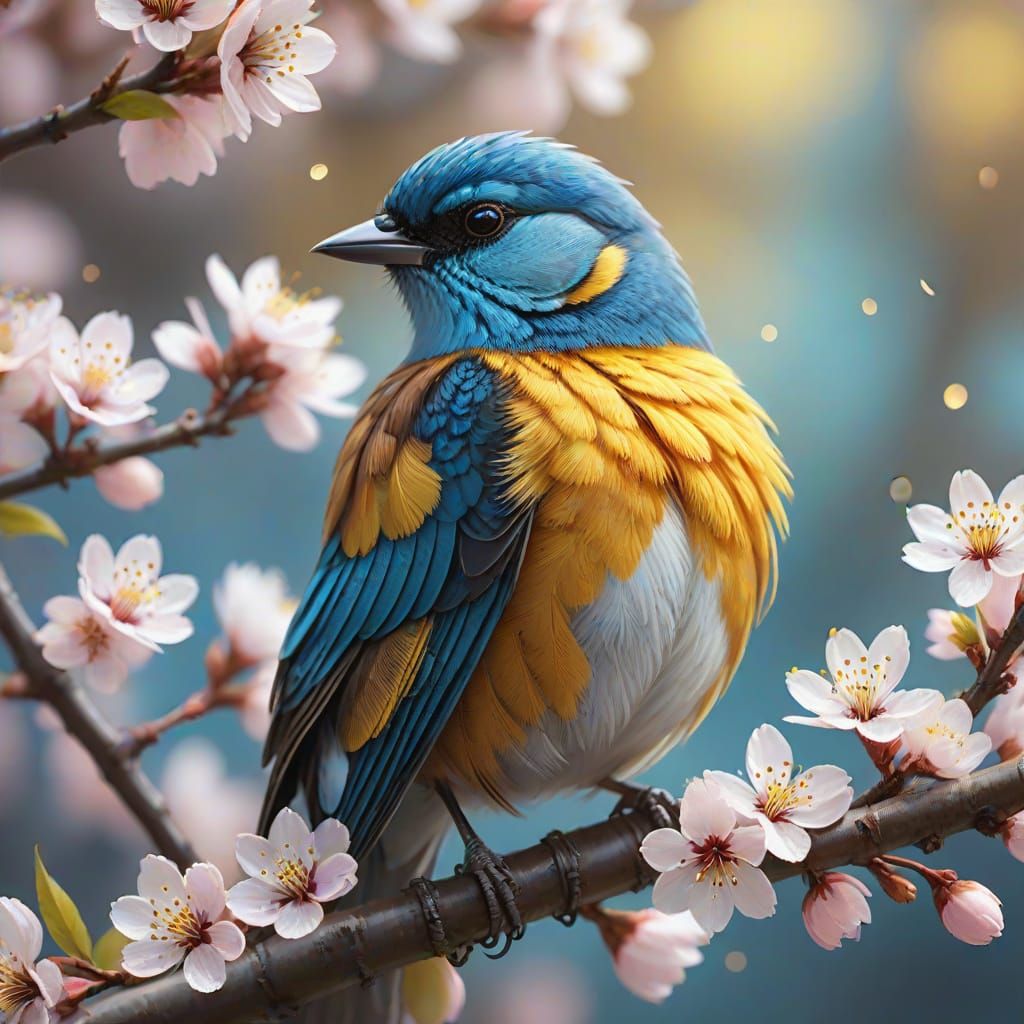 Enchanting Fantasy Bird in Whimsical Cherry Blossom Scene