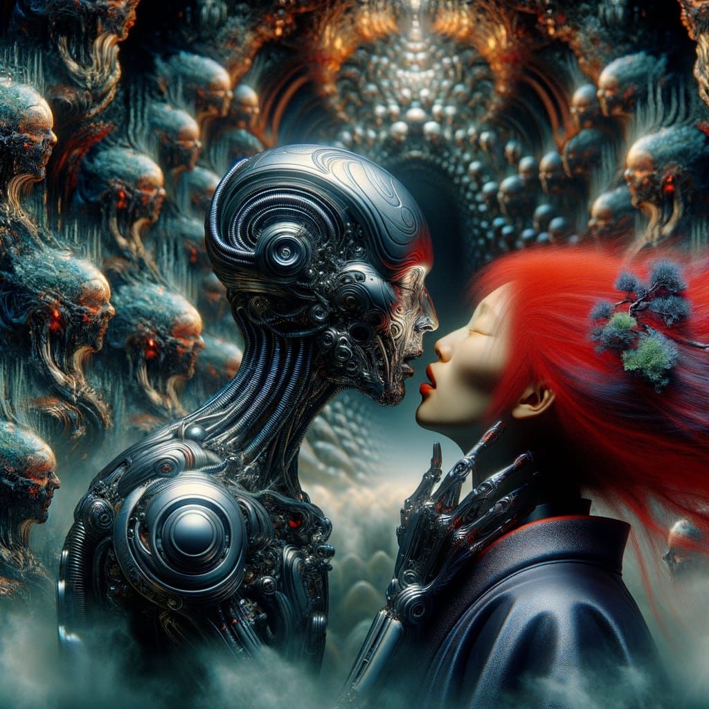 Surreal Kiss Between Android and Woman