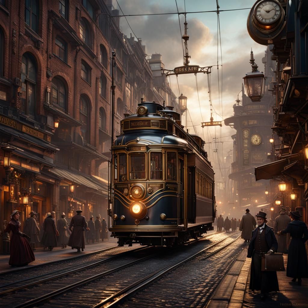Steampunk Tram on Busy Street in Detailed Matte Painting