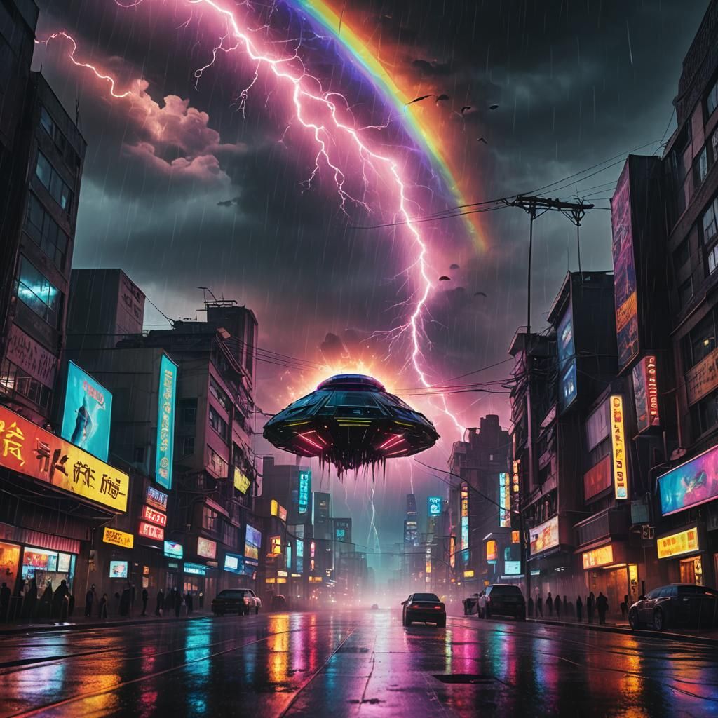 Meteor Rainbow Over Cyberpunk Cityscape