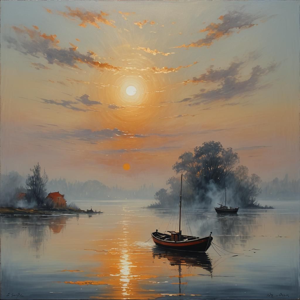 Golden Dawn Boat Painting in Misty Landscape Style