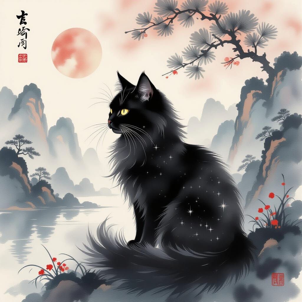 Black Cat Amidst Starry Ink Nebulae in Chinese Landscape Wat...