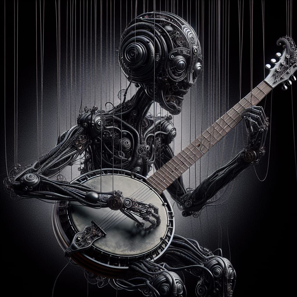 Surreal Marionette Minstrel with Banjo in Giger Style