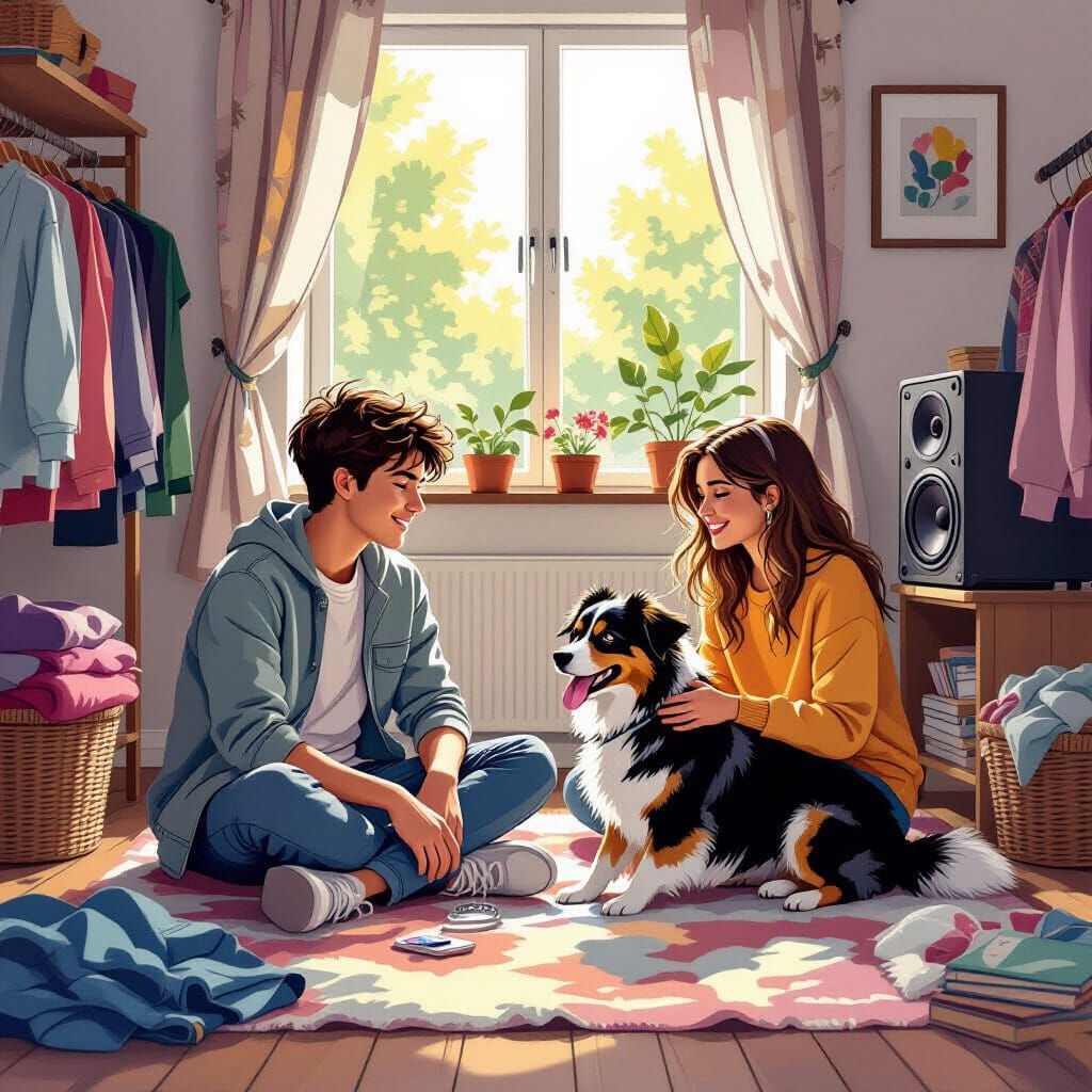 Cozy Teen Room with Australian Shepherd in Warm Style