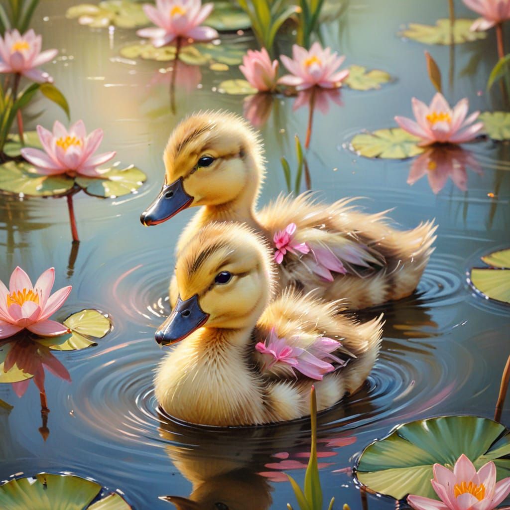 Impressionist Ducklings in Lilies: Pastel Oil Painting