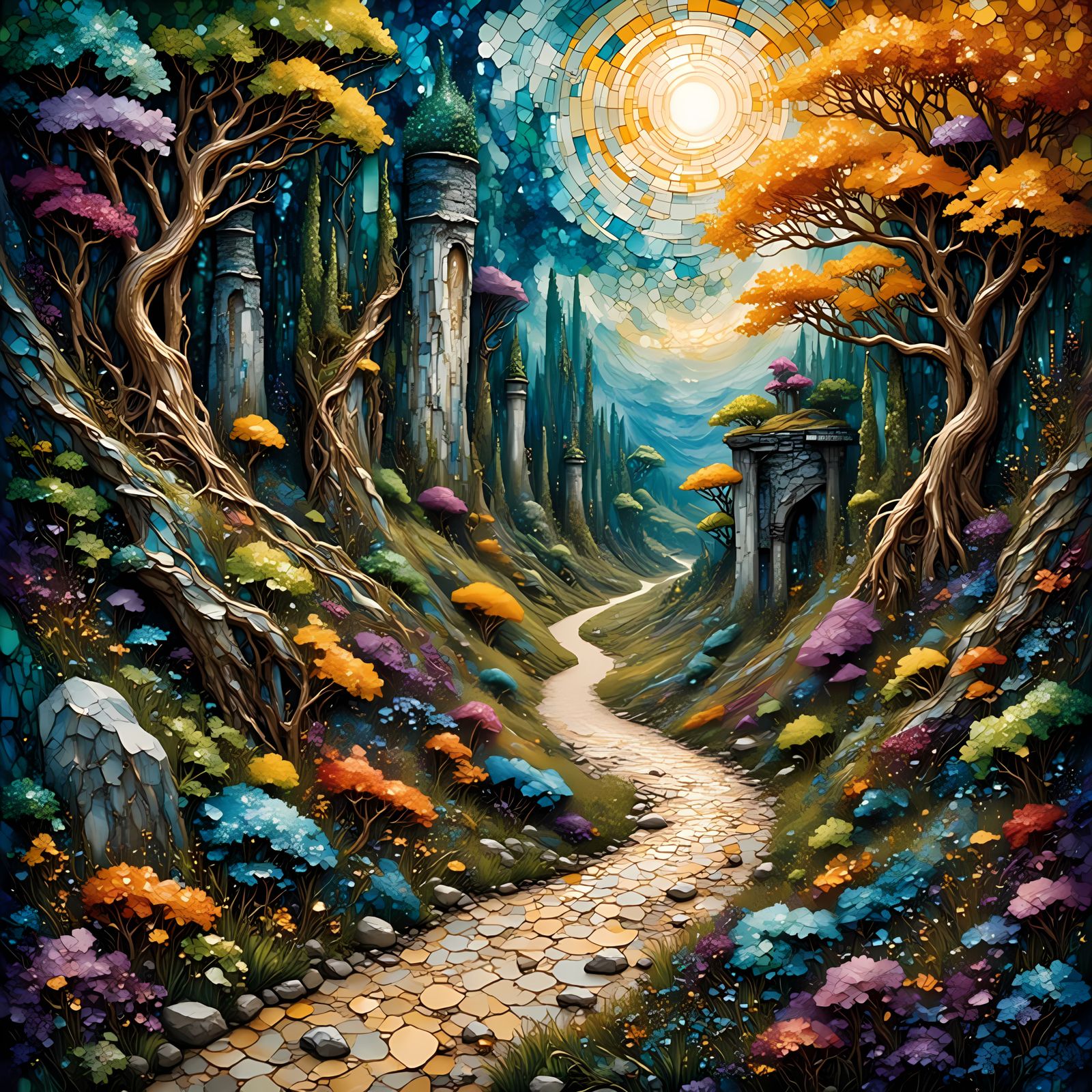 Whimsical Mosaic Landscape in Burton-esque Style