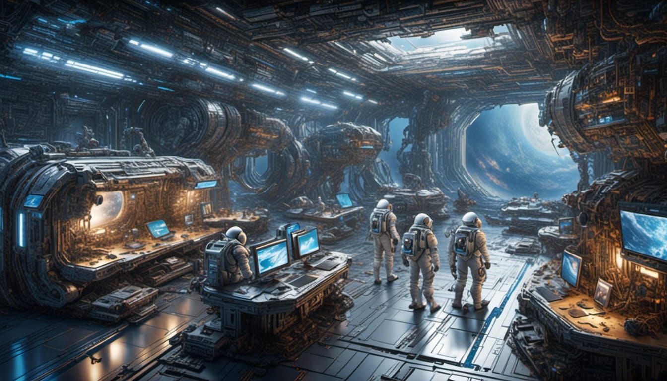 Busy Intergalactic Space Station with Astronauts and Robots