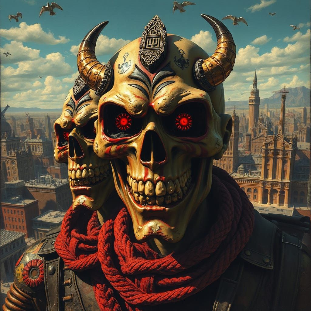 Encaustic Siamese Men in Post-Apocalyptic City