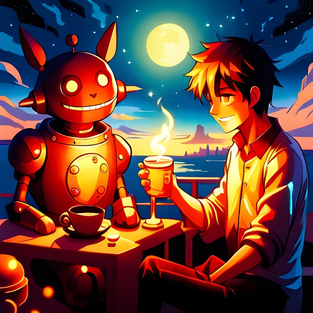 Man and Robot Enjoying Coffee in Anime Style