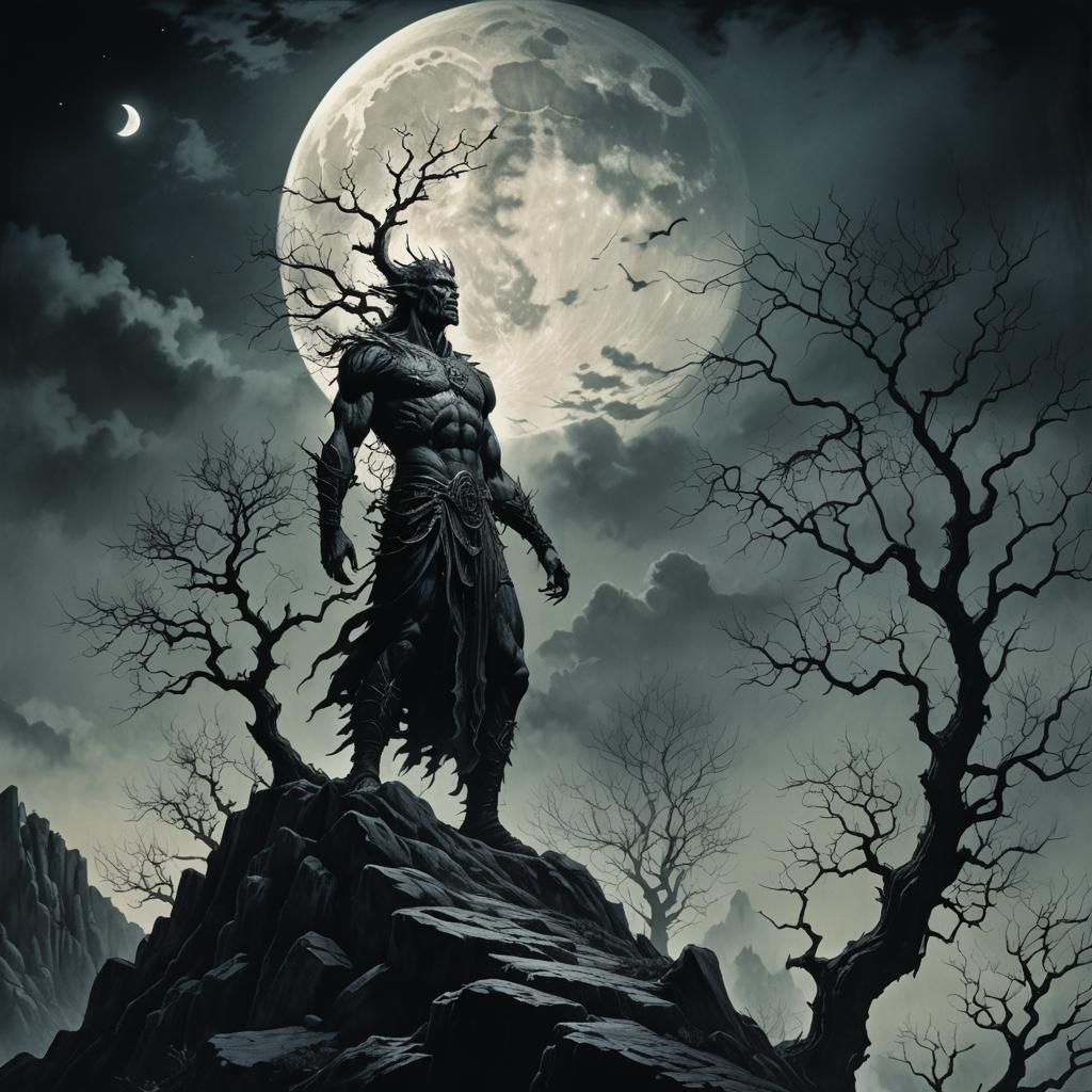 Male God on Mountain Peak in Dark Fantasy Art