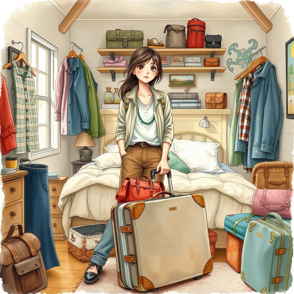 Woman Packing Suitcase in Cozy Bedroom, Watercolor Illustrat...